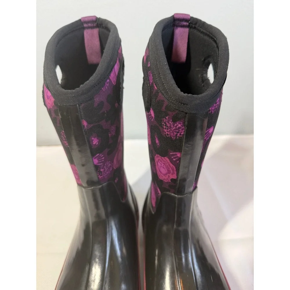 Bogs Girls Rubber Boots Size 4 Black Purple Classic Floral Watercolor Insulated